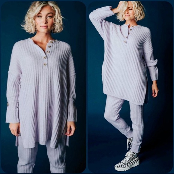 Free People Around The Clock‎ Tunic Pullover Sweater Ribbed Jogger Set In Lilac - Picture 2 of 12